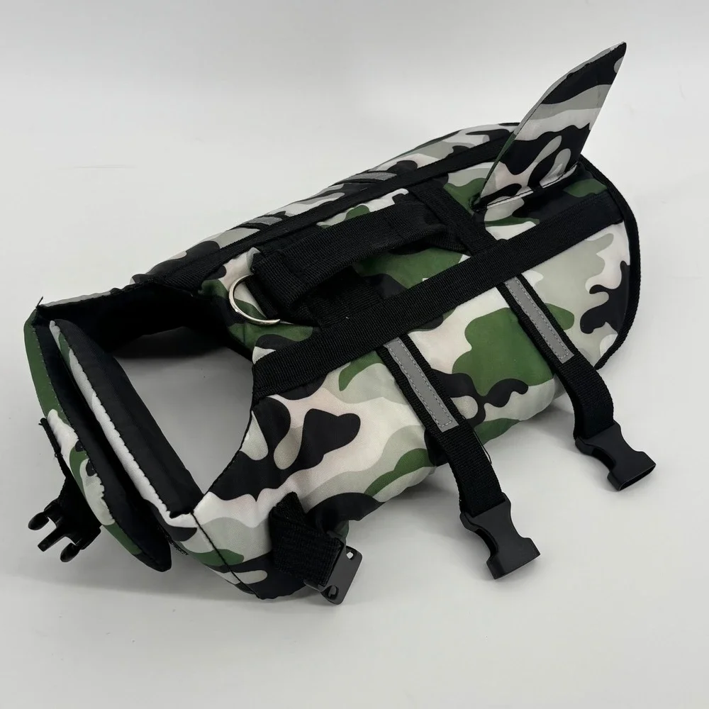 Green Camo Shark Fin Dog Life Jacket Small Reflective Pet Safety Vest Handle